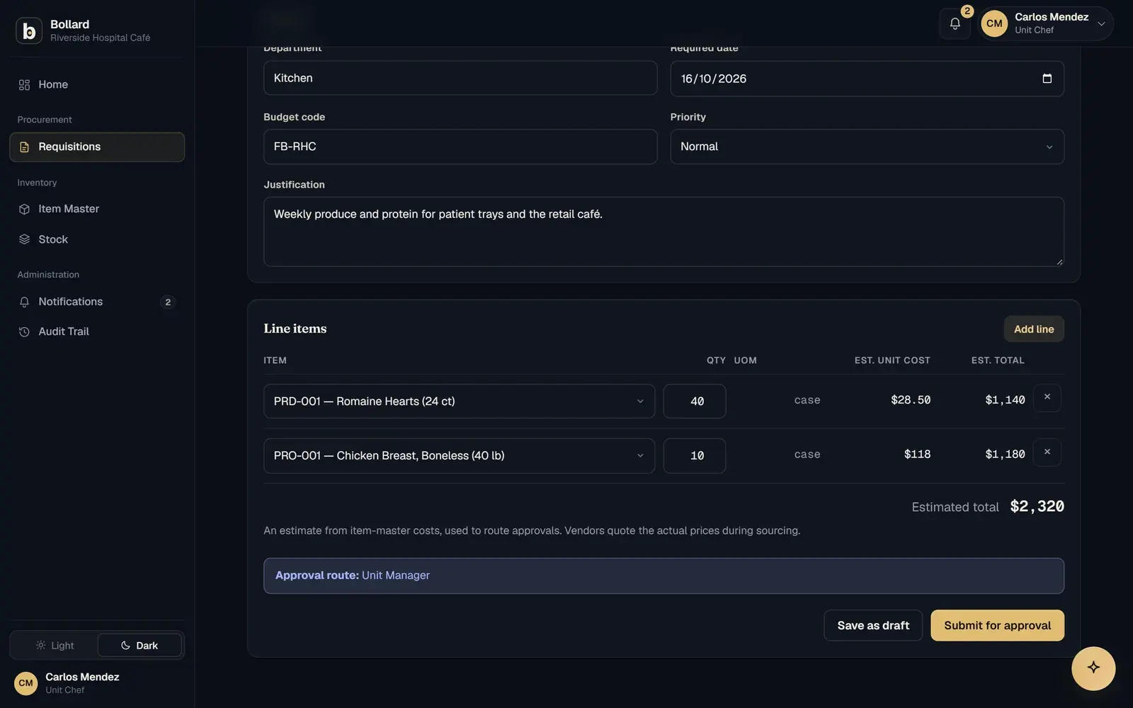 A new requisition with line items, an estimated total and the approval route it will follow.